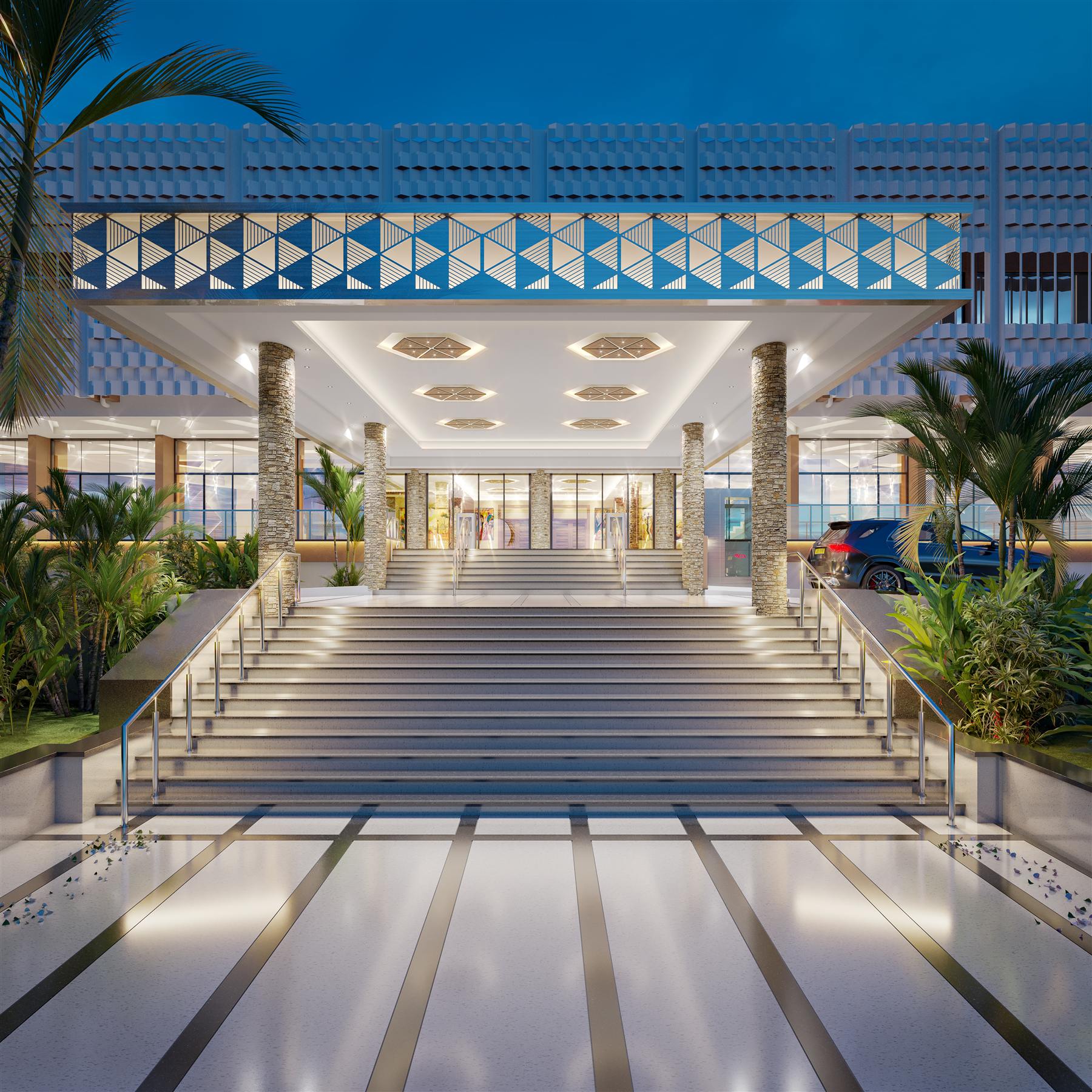 Cool, blue-hour lighting study of the same entrance stairs and canopy