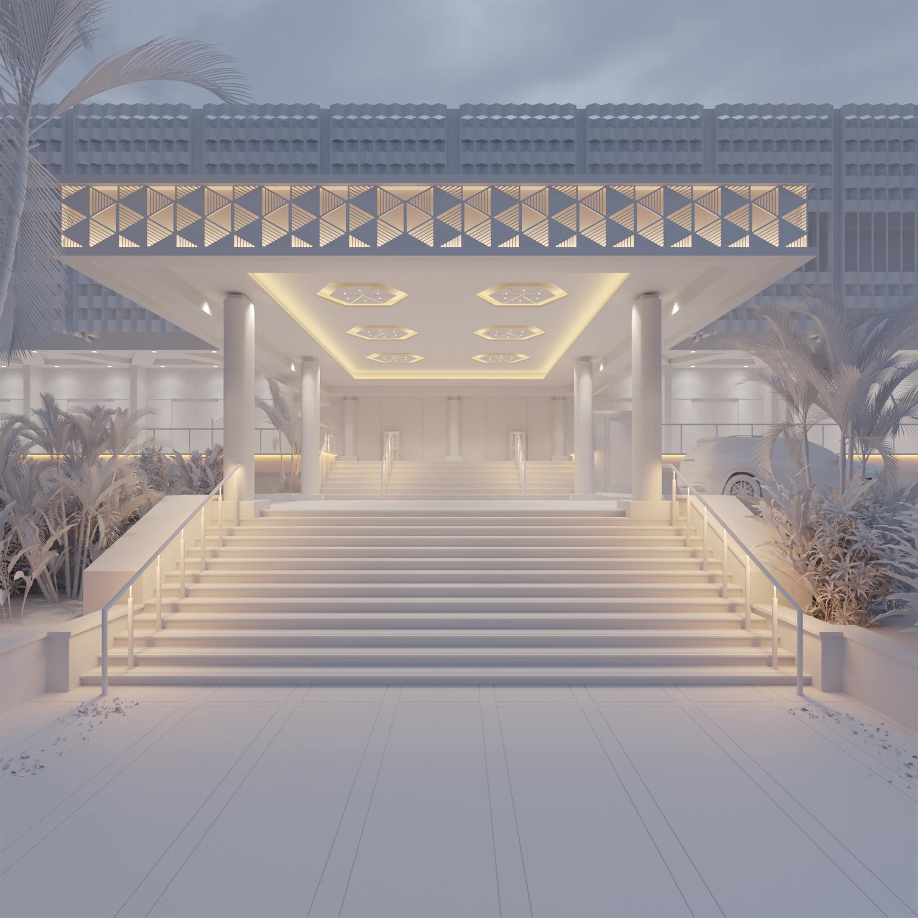 Early clay-render draft of a grand entrance staircase used to block out massing and confirm camera composition